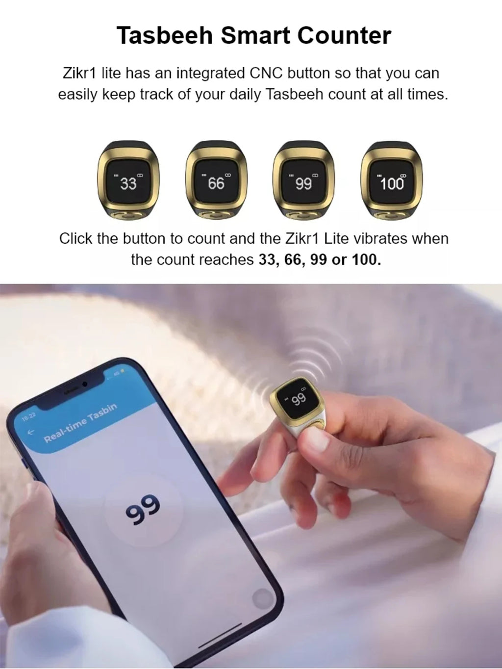 Iqibla Smart Tasbih Tally Counter for Muslims Zikr Ring Digital Tasbeeh 5 Prayer Time Vibration Reminder Waterproof
