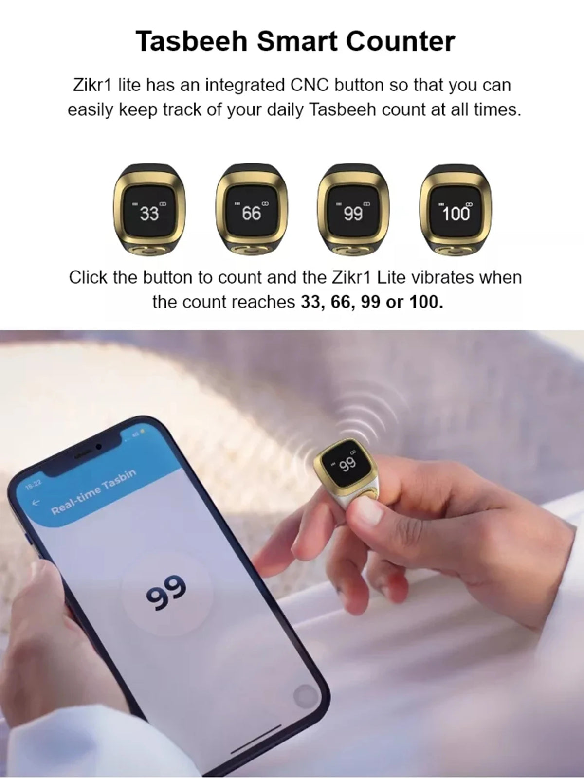 Iqibla Smart Tasbih Tally Counter for Muslims Zikr Ring Digital Tasbeeh 5 Prayer Time Vibration Reminder Waterproof