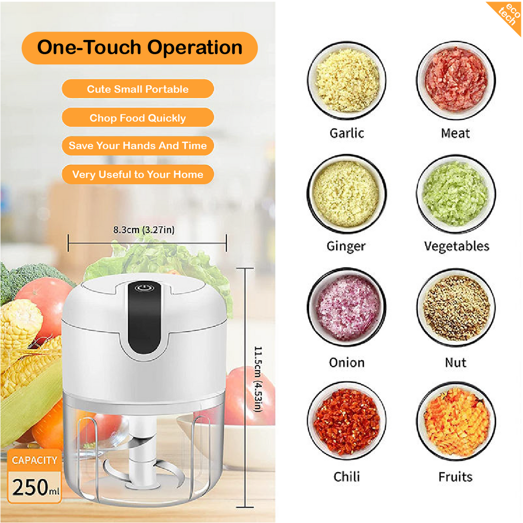 Chopper - Mini Electric Garlic Chopper, 250ml - Stainless Steel Blades - Top Quality Wireless Portable, USB Rechargeable Mini Electric Chopper